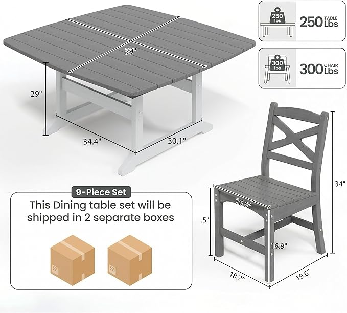 9-Piece Patio Dining Table Set, HDPE Outdoor Table and Chairs Set, All-Weather Outdoor Dining Set for 8 with Umbrella Hole, Durable Patio Furniture Set with Chairs,White Grey