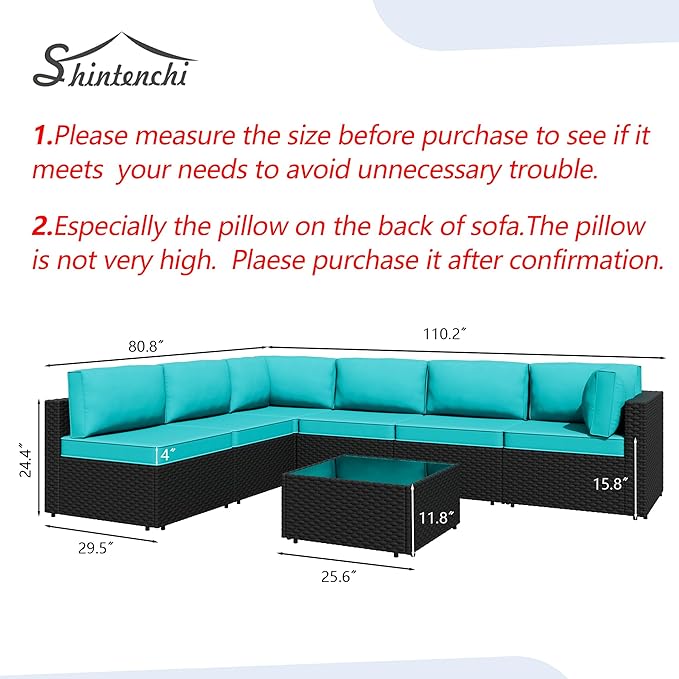 Shintenchi 7 Pieces Outdoor Patio Sectional Sofa Couch,PE Wicker Furniture Conversation Sets with Washable Cushions & Glass Coffee Table for Garden, Poolside, Backyard (Blue)