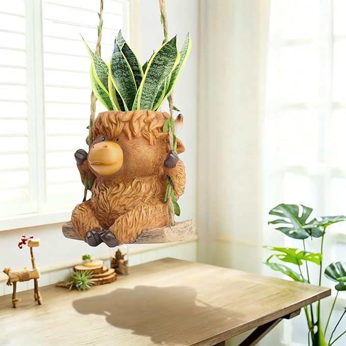 Swing Highland Cow Hanging Planters for Indoor Plants, Cute Small Planter Pot for Indoor Outdoor Plants, Succulent Pots with Drainage Hole, Unique Funny Hanging Plant Flower Pot, Gift Ideas