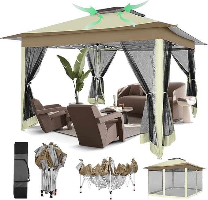 COBIZI 12x12 Pop Up Gazebo On Clearance - Upgrade Easy Up Metal Outdoor Canopy Waterproof - Portable Gazebo with Mosquito Nettings, 4 Ropes 8 Stakes and Carry Bag for Patio Garden(Khaki)