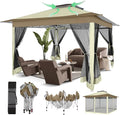 COBIZI 12x12 Pop Up Gazebo On Clearance - Upgrade Easy Up Metal Outdoor Canopy Waterproof - Portable Gazebo with Mosquito Nettings, 4 Ropes 8 Stakes and Carry Bag for Patio Garden(Khaki)