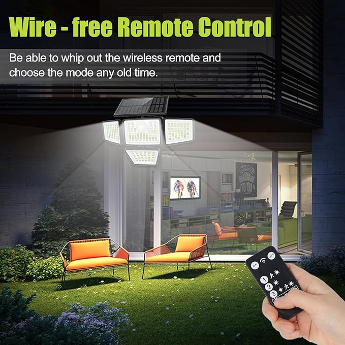 3000LM Solar Lights Outdoor with Motion Sensor,4 Head 270° Wide Angle Street Area Lights,IP65 Waterproof Security Lighting with 3 Modes(Remote,2 Pcs)