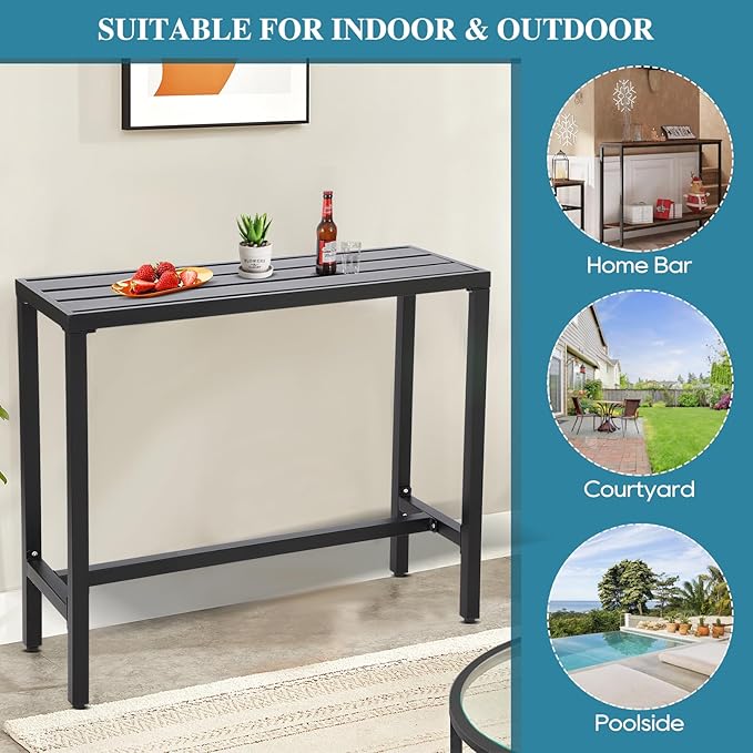 Outdoor Bar Table, Patio Console Pub Height Tables with Powder Coated Steel Frame, Weather Resistant Waterproof Top for Hot Tub, Balcony, Garden, Yard, Poolside (Black, 47" Narrow Bar Table)