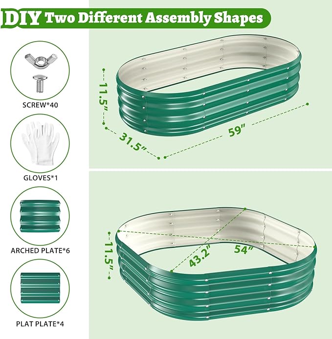 Oval Galvanized Planter Box, Metal Raised Garden Bed - 0.8MM Thick- Ideal for Outdoor Gardening and Planting of Vegetables Flowers Fruits Succulent Plants and Others (Green, 5X2.7X1 FT)