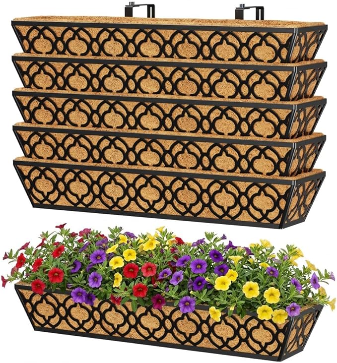 Y&M 6pcs 30 Inch Window Deck with Coco Liner, Fence Metal Hanging Flower Planter Window Basket Deck Railing Planter Boxes for Outdoor Garden Lawn,