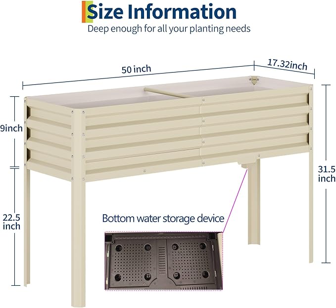 Galvanized Raised Garden Bed with Legs&Water Storage - 50×32×17 in Metal Planter Box, Outdoor Raised Garden Beds Gardening, Durable Planter Raised Beds, Sturdy Planters for Outdoor Plants (Beige)