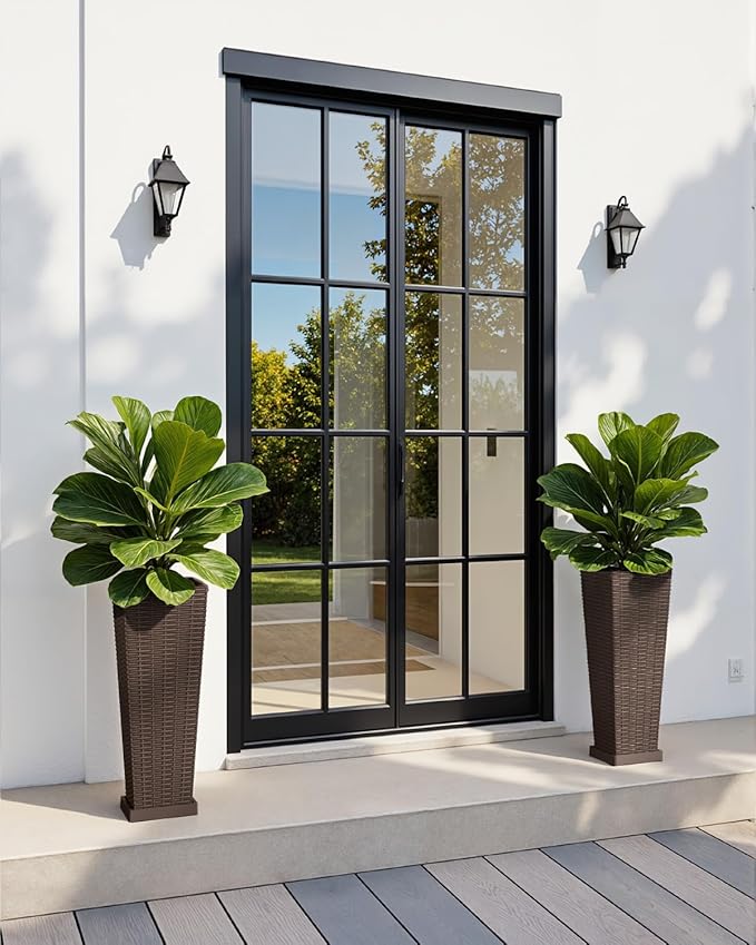 Greesum Set of 2 Tall Plastic Planters with Saucer, 24 Inch Large Pots with Drainage Trays, Weather-Resistant Plastic Plant Containers for Patio, Porch, Garden,Brown