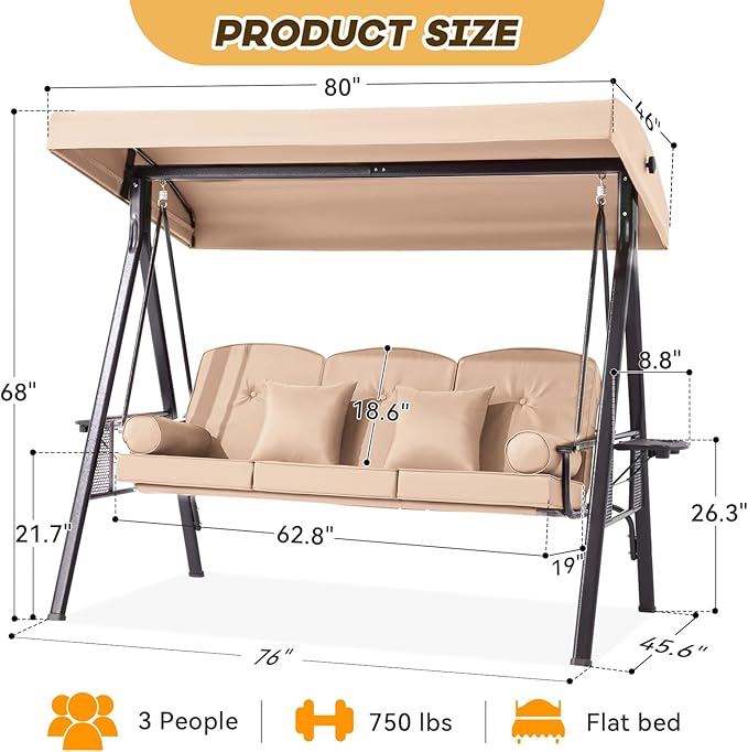 3 in 1 Outdoor Porch Swing with Adjustable Canopy, 3 Seat Outdoor Swing for Adults, Patio Swing Chair with Thickened Cushions,Pillows & Cup Holders for Backyard, Porch, Garden(Khaki)