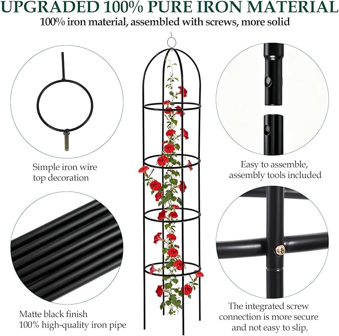 100% Metal Garden Obelisk Trellis for Climbing Plants Outdoor, 6.6ft Tall Metal Plant Support with Garden Twist Tie for Tomato Cucumber Pea Ivy Vines Rose Clematis Potted Plant Trellis 1 Pack