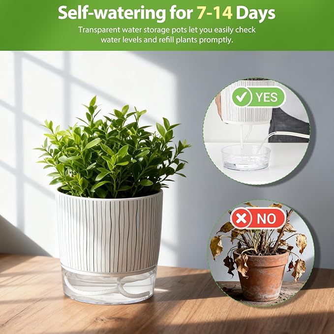 3 Pack Self Watering Pots for Indoor Plants, 4+5.5+6.3 Inch Self Watering Plant Pots, Flower Pots with Wick Rope and Reservoir - Black Stripes
