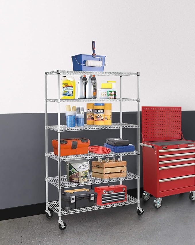 BestOffice | 6-Tier Wire Storage Shelves with Wheels | 18x48x78 | Chrome | Adjustable Racks | Heavy-Duty Metal Shelf, Holds Upto 600 lbs | No-Tool Assembly | Ideal for Home & Garage Shelving