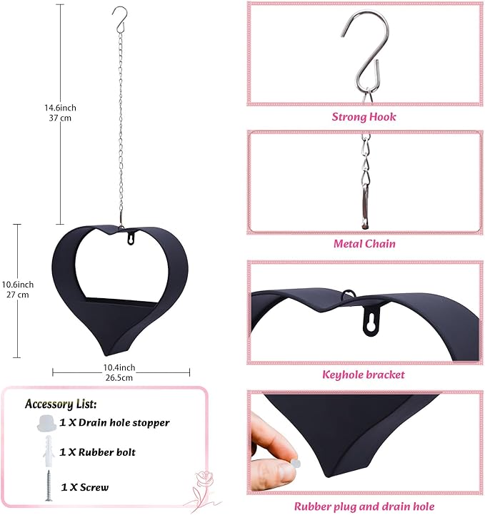 Metal Plant Hangers Indoor and Outdoor for Mom Women Her Wife Garden Lovers Birthday - Heart Shape Hanging Planters for Window Wall Living Room Office Decor(Black)