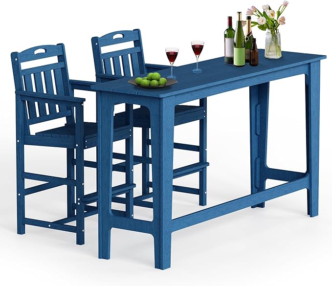 Ciokea 3 Pcs Outdoor Bar Height Table Set, 60" Extra Long Rectangle High Top Table and 2 Oversized Adirondack Chairs, Heavy-Duty All-Weather HDPE Patio Bar Set for Backyard Balcony Deck, Navy Blue