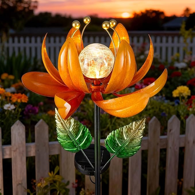 Outdoor Solar Lights Garden Decor,Wind Spinner Yard Decorations for Outside, Lotus Garden Windmill with LED Cracked Crystal Waterproof Flower Sculpture for Patio Lawn Gardening Gifts