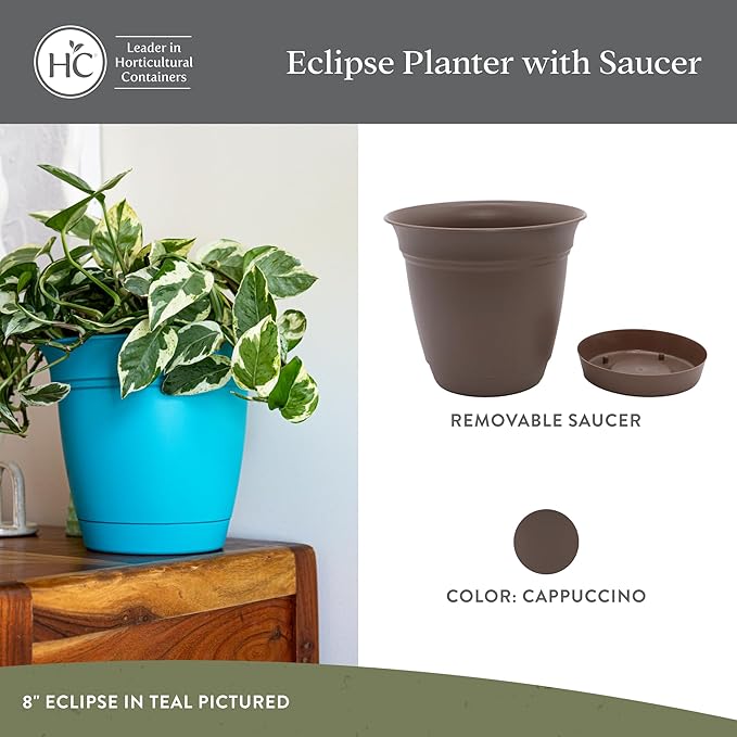 The HC Companies 16 Inch Eclipse Round Planter Pots with Drainage Holes & Attached Saucer, Lightweight UV-Resistant Plastic Indoor & Outdoor Planters, 2-Pack Flower Pots, Garden Home Decor, Cappuccino