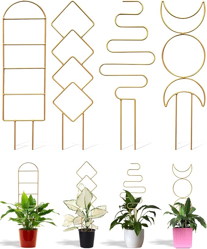 4 Pack Trellis for Climbing Plant Indoor, Small Metal Garden Trellis for Potted Plants Outdoor, Stake Mini Houseplant Trellis Support for Hoya, Vines, Pothos, Monstera (Gold)