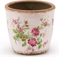 Vintage Ceramic Planter with Drainage Hole, Plastic Tray & Mesh, 5.5 Inch - Indoor/Outdoor Flower Pot, Pink Floral Rustic Farmhouse Design Plant pot for Home, Office & Garden Décor, Ideal Gift