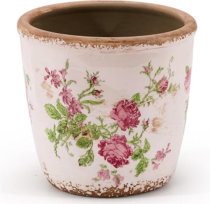 Vintage Ceramic Planter with Drainage Hole, Plastic Tray & Mesh, 5.5 Inch - Indoor/Outdoor Flower Pot, Pink Floral Rustic Farmhouse Design Plant pot for Home, Office & Garden Décor, Ideal Gift