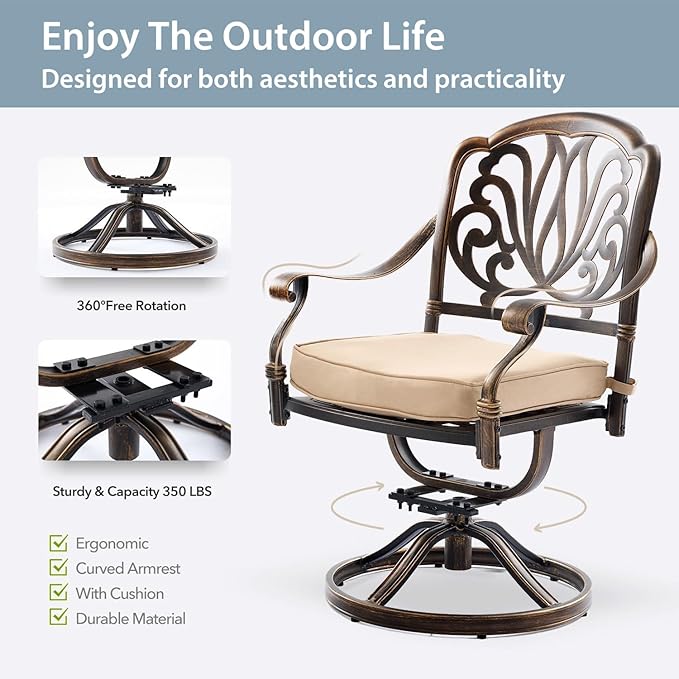 7-Piece Cast Aluminum Patio Furniture, Patio Dining Set for 6 Include 54" Round Outdoor Dining Table and 6 Swivel Chairs with Cushions & Umbrella Hole (Bronze)