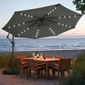 wikiwiki 10ft Solar LED Patio Umbrella with Base Included, Offset Umbrella with Weighted Sandbag Base, Cantilever Patio Umbrella for Backyard, Garden & Deck, 32 LED Lights & Polyester Shade, Dark Gray