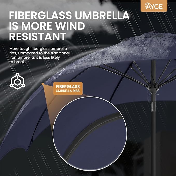 Ayge 9FT Large Outdoor Patio Umbrella Market Table Umbrella-UV Resistant, Easy Push Button Tilt and Crank, 8 Sturdy Fiberglass Ribs Heavy-Duty Pool Umbrella for Deck, Backyard,Garden,Navy