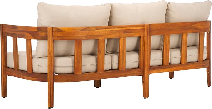 SAFAVIEH Outdoor Collection Owen Acacia Solid Wood Natural/Taupe Cushion 3-Seater Sofa