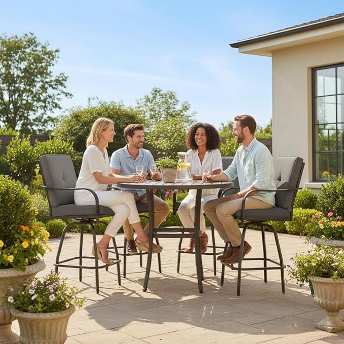 Patio Swivel Bar Stools Set of 4, Outdoor Bar Height Swivel Chairs with Cushions for Garden Balcony Backyard, Grey
