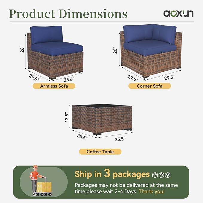 Aoxun 11 Piece Patio Furniture Set Wicker Rattan Patio Conversation Set Outdoor Sectional Sofa Set with Coffee Table and 4” Thickened Cushions, Blue(Waterproof Cover Included)