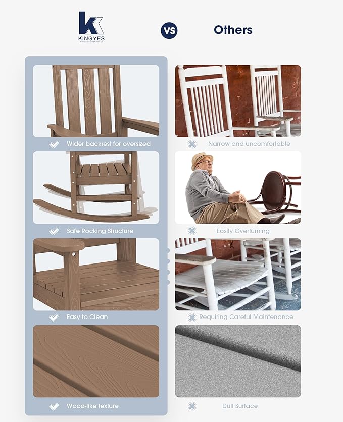 KINGYES Oversized Outdoor Rocking Chair Set of 2, All-Weather Patio Rocking Chairs for Porch, HDPE Outdoor Patio Rockers with High Back & Wide Seat for Garden, Lawn, Brown