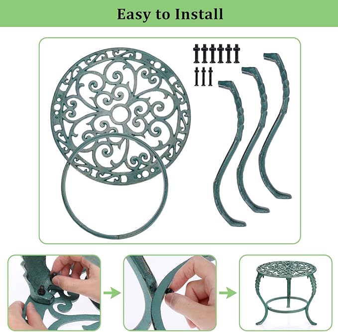 OwnMy Cast Iron Plant Stand Heavy Duty Vintage Wrought Iron Flower Pot Holder, Decorative Pedestal Potted Plant Rack, Indoor Metal Large Plant Stand for Outdoor Patio Garden Home, Antique Green