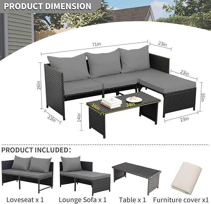 Valita 3-Piece Outdoor PE Rattan Furniture Set Patio Black Wicker Conversation Loveseat Sofa Sectional Couch Gray Cushion