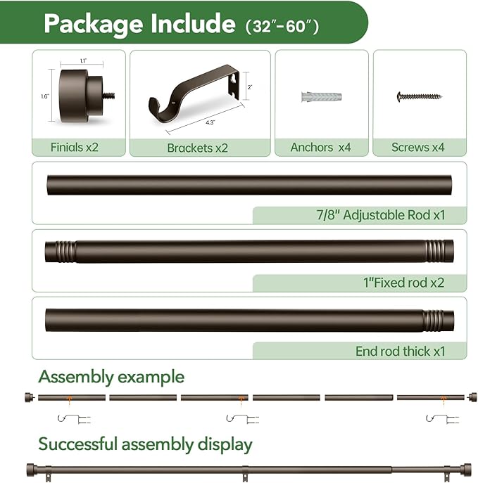 Curtain Rods for Windows 28 to 48, 1 Inch Adjustable Heavy Duty Long Window Outdoor Curtain Rod for Patio, Drapery Rods with Simple End Caps, Size 32"-60", Antique Bronze