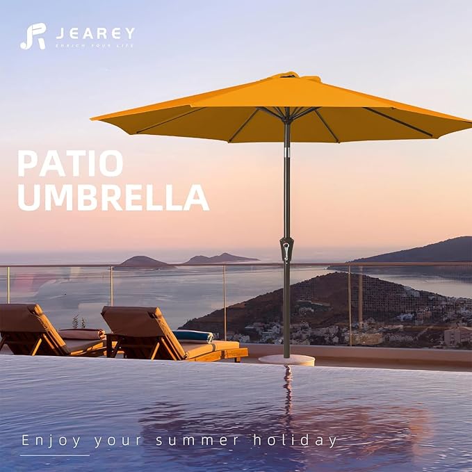 JEAREY 9FT Outdoor Patio Umbrella Outdoor Table Umbrellas with Push Button Tilt and Crank, Market Umbrella 8 Sturdy Ribs UV Protection Waterproof for Garden, Deck, Backyard, Pool (Sun Orange)
