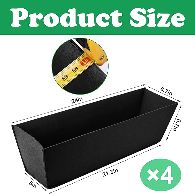 Adnee 4 Pcs 24 Inch Fabric Plant Window Box Liners-Rectangular Non-Woven Planter Basket Liner-Black Felt Flower Hanging Basket for Outdoor Garden Wall Hanging Planter Flower Vegetables