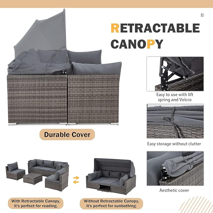 HOMREST 6 Pieces Patio Furniture Sets, Outdoor Daybed with Canopy, Rattan Outdoor Sectional Sofa Set with Adjustable Backrest, Chaise Chair Sunbed for Garden Poolside Backyard（Gray）