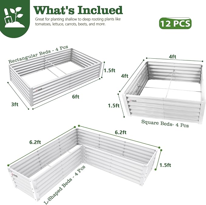A ANLEOLIFE Set of 12 18 Inch Tall Raised Garden Beds Kit, L-Shaped, Square & Rectangular Metal Planters for Flexible Backyard Layouts, Antique White