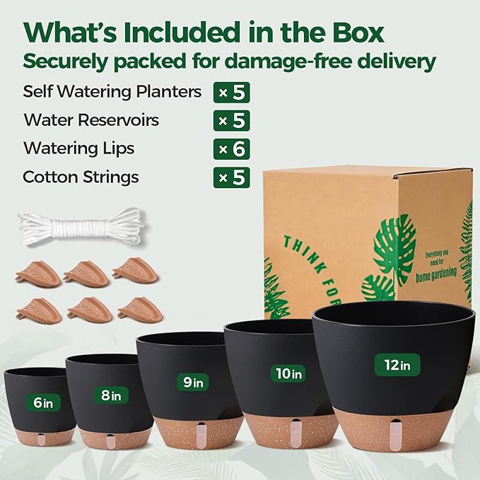 T4U 5 Pack Self Watering Pots (6"+8"+9"+10"+12") - Water Level Indicator & Deep Reservoir, Mess-Free Planters for Busy People, Beginners & Gardeners, Fit Most Plants, Indoor Outdoor Use (Black)
