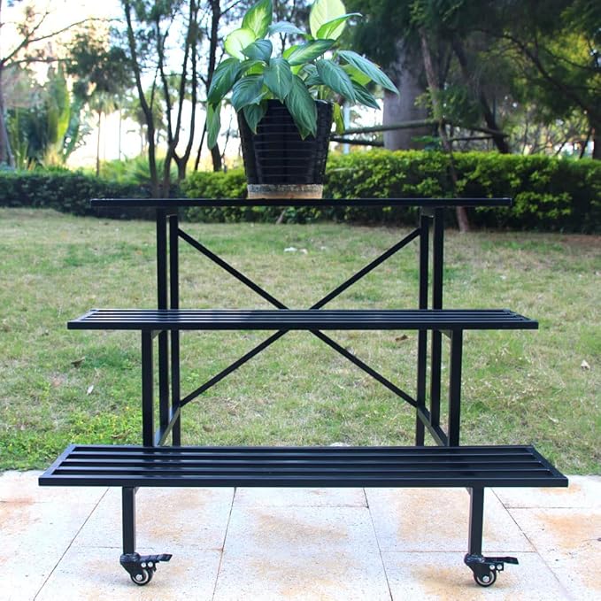 Zhongma 3 Tier Sturdy Metal Plant Stand with Wheels, L35.43 x W26 x H26 inch, Heavy Duty Plant Holder for Home Indoor and Outdoor, 660 LBS Capacity & Heavy Duty Construction