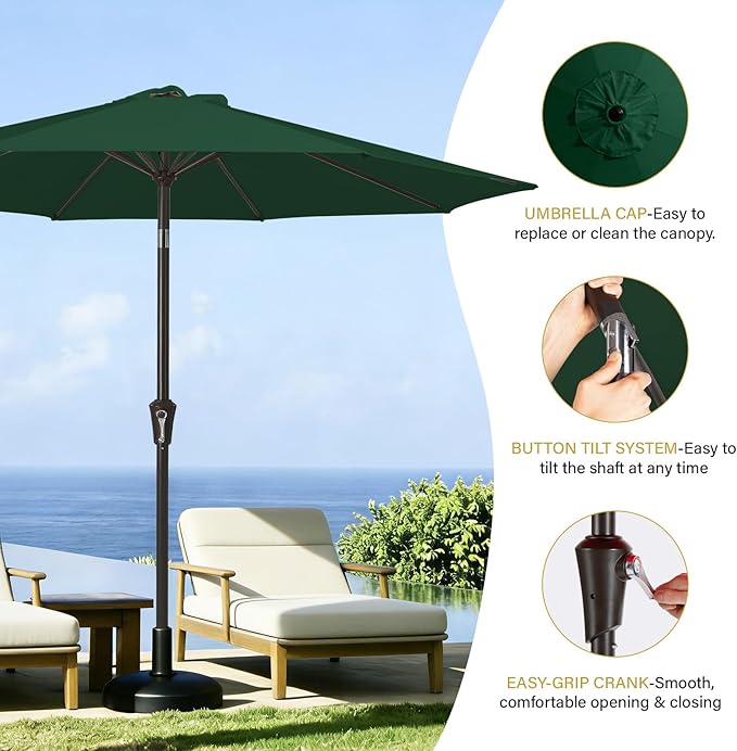 MEWAY 9ft Patio Umbrella Outdoor Table Umbrellas with Push Button Tilt and Crank, Market Umbrella 8 Sturdy Ribs for Deck, Garden, Pool and Backyard, Dark Green