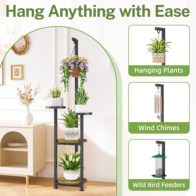 iDavosic.ly 4 Tier Hanging Plant Stand Indoor, Tall Vertical Corner Metal Flower Heavy Duty Pot Holder Shelf for Patio Porch Living Room, Modern Black & Rustic Brown - Round