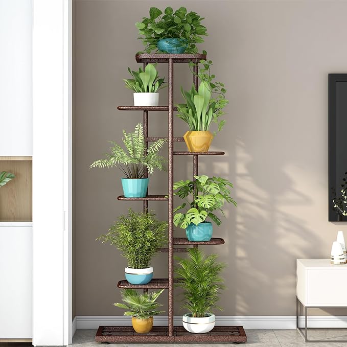 LINZINAR Plant Stand Metal 7 Tier 8 Potted Multiple Flower Pot Holder Shelf Indoor Outdoor Planter Display Shelving Unit for Patio Garden Corner Balcony Living Room, Bronze
