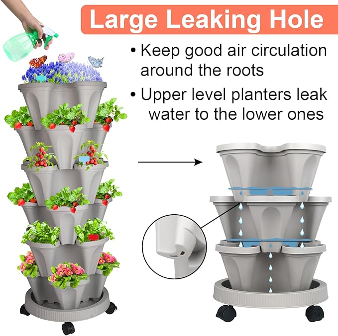 GameXcel Vertical Planter, 6 Tier Stackable Strawberry Planter with Garden Tool Set, Movable Indoor/Outdoor Garden Herb Pot for Growing Vegetables and Succulents, Gray