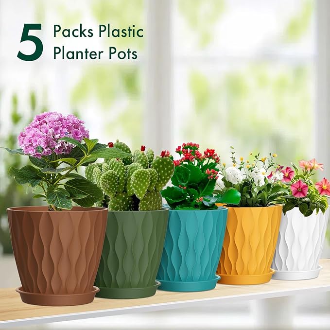 6 inch Plant Pots, 5Pack Water Ripple Flower Pots for Indoor Outdoor Plants, Plastic Planters with Drainage Holes and Saucers, Nursery Pots for Small Succulent Garden House Plants, Multicolor