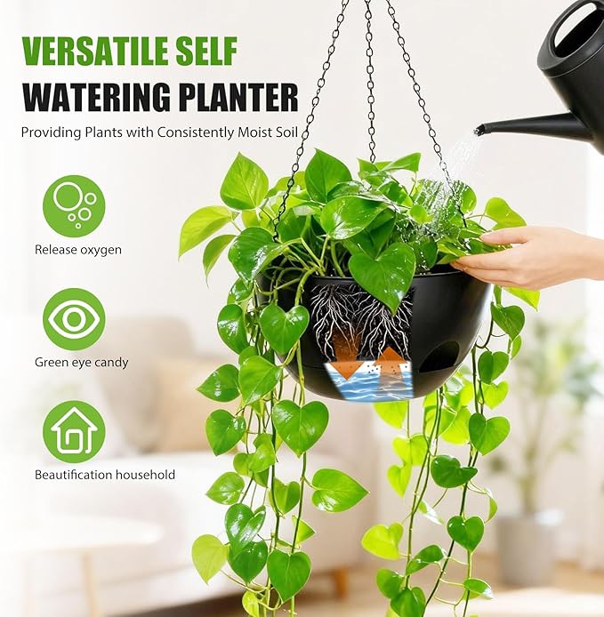 8 Inch Hanging Planters for Indoor Outdoor Plants, 4 Pack Black Plastic Self Watering Hanging Baskets with Drainage Holes and Chain for Garden Porch