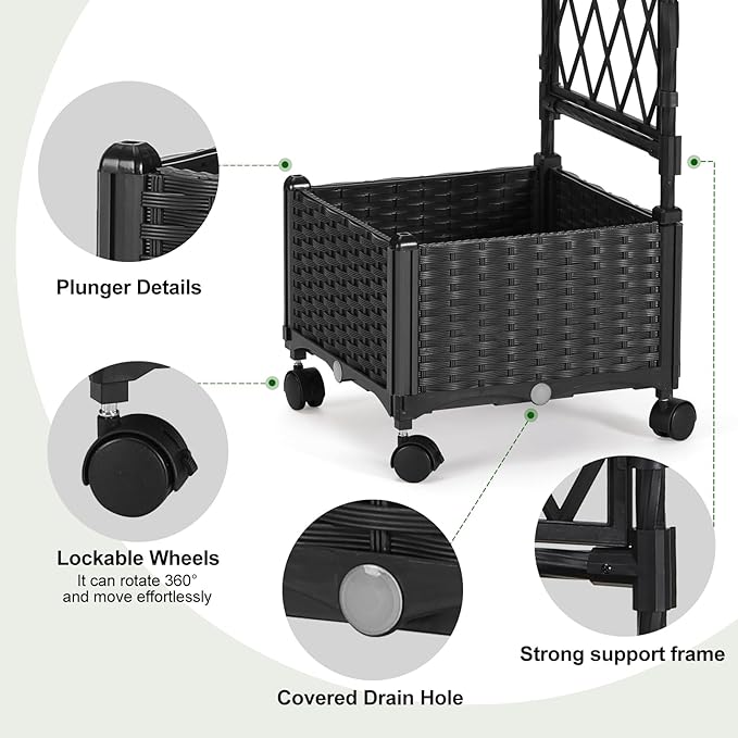 Planter Box with Trellis, 4ft Tall Self-Watering Plastic Raised Garden Beds and Lattice Trellis with Lockable Wheels & Drain Plug for Outdoor Patio Backyard Balcony, Black, 1 Pc