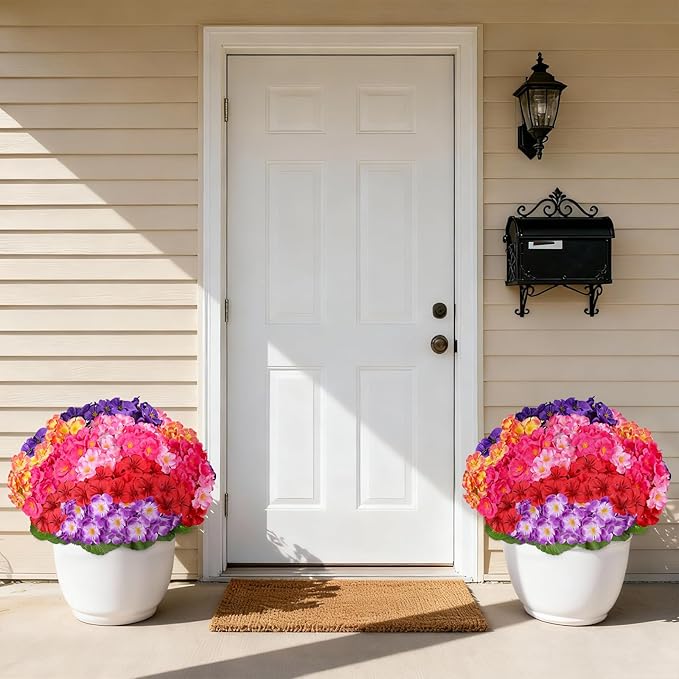 Artificial Geraniums Flowers for Outdoors, 6 Bundles Realistic Silk Fake Geranium, No Fade Faux Plants for Hanging Baskets, Window Boxes, Pots - Porch, Patio, Garden Decor(6 Color)