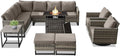 Belord Patio Sectional Furniture Set with Fire Pit Table: 8 Pieces Wicker Patio Conversation Set with L Shaped Sofa, Outdoor Swivel Glider Rocker, Rattan Ottomans, Removable Cushions Grey