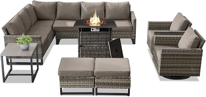 Belord Patio Sectional Furniture Set with Fire Pit Table: 8 Pieces Wicker Patio Conversation Set with L Shaped Sofa, Outdoor Swivel Glider Rocker, Rattan Ottomans, Removable Cushions Grey