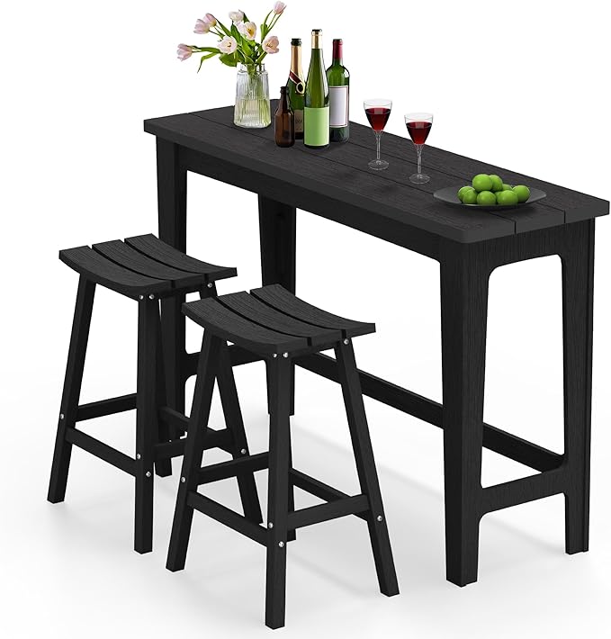 Ciokea 3 Pcs Outdoor Bar Height Table and Stools Set, 60" Extra Long Rectangle High Top Table and 2 Backless Bar Stools, Heavy-Duty All-Weather HDPE Patio Bar Set for Backyard Balcony Deck, Black