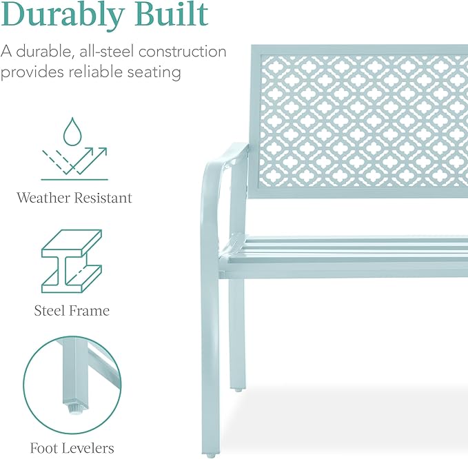 Best Choice Products Outdoor Bench 2-Person Metal Steel Benches Furniture for Garden, Patio, Porch, Entryway w/Geometric Backrest, 790lb Capacity - Sky Blue
